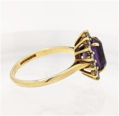 18K 3.45g Yellow Gold Amethyst Diamond Halo Dainty Simple Classic Ring Size-6.75